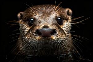 Close-up of a river otter with detailed fur texture with dark background photo