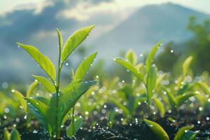Verdant tea leaves glistening with dew drops at sunrise, with misty mountains in the background of the plantation photo