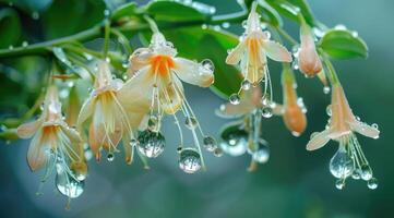 Close-up of fresh honeysuckle blooms covered in dew drops against a sunlit green background photo