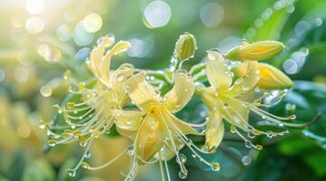 Close-up of fresh honeysuckle blooms covered in dew drops against a sunlit green background photo