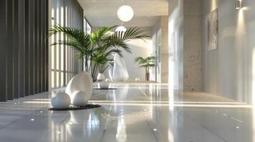 An elegant corridor with multiple potted plants enhancing the aesthetics of the interior space photo