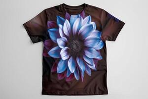 A colorful t-shirt featuring a realistic and vibrant blue flower design dominating the front side photo