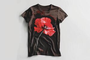 A colorful t-shirt featuring a realistic and vibrant poppy flower design dominating the front side photo