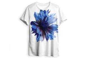A colorful t-shirt featuring a realistic and vibrant blue flower design dominating the front side photo