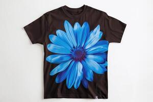 A colorful t-shirt featuring a realistic and vibrant blue flower design dominating the front side photo