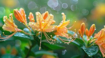 Close-up of fresh honeysuckle blooms covered in dew drops against a sunlit green background photo