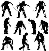 Assorted Zombie Silhouettes in Various Poses, Isolated Illustrations on White Background for Halloween and Horror-themed Design Projects vector