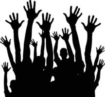 Crowd of People with Hands Up in the Air, Monochrome Black Silhouette Style on White Background, Ideal for Graphic Design Projects and Creative Artworks vector