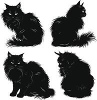 Set of Scary Black Cat Silhouette Illustrations for Halloween Characters. Evil Kitten with Fur Isolated on White Background. vector