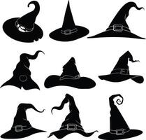 Captivating Witch Hat Silhouette Collection, Immerse Yourself in Halloween Vibes with Illustrations of Spooky Black Horror Witch Hats, Perfect for Hauntingly Creative Designs vector