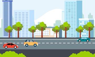 Cars Vehicle in City Road Traffic with Cityscape in Bright Day vector