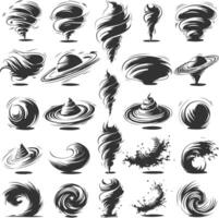 Black Funnel Collection, Set of Circle Swirls, Vortex Icons for Hurricanes and Tornadoes vector