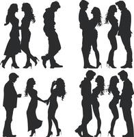 Silhouettes of multiple people, dancing couples embracing and kissing, on a white background. vector