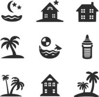 Bundle of Beach Logos Featuring House, Sun, and Palm Tree Designs vector