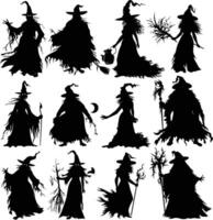 Set of Different Halloween Witches Silhouette Illustration for Design, Greeting Card, Invitation, Banner vector