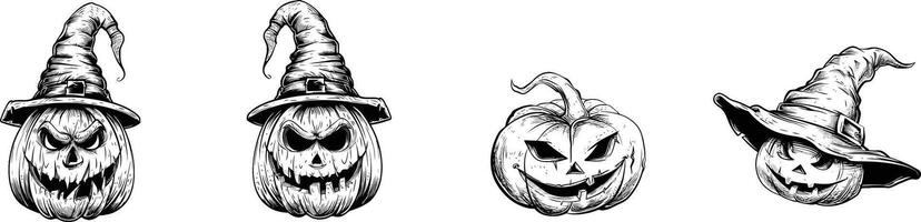 Different Shape Designs of Halloween Pumpkin Head in Witch Hat, Drawing with Simple Design, Bold Lines, and Black Ink on White Background vector