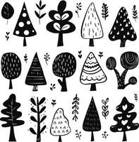 Hand-Drawn Doodle Set with Trees, Leaves, and Mushrooms in Childish Style vector