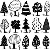 Clipart Set of Different Coniferous and Deciduous Trees, Hand Drawn in Ink Sketchy Style, Isolated on White Background - Outdoor Woods and Shrubs, Black and White vector
