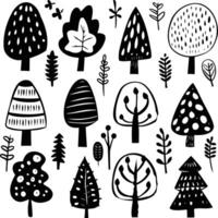 Set of Tree and Fir Tree Illustrations in Various Shapes, Freely Drawn in Childish Sketch Style vector