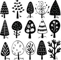 Set of Cute Trees Drawn in Ink Doodle Style on Isolated Background vector