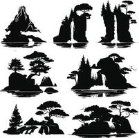 Hand-Drawn Set of Mountain and Tree Illustrations, Design Elements for Posters, Cards, Emblems, Sign Banners vector