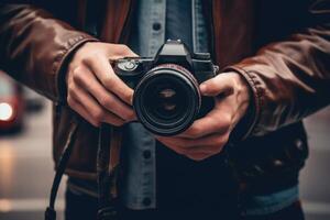 man using camera in street . photo
