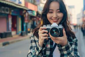 woman using camera in street . photo
