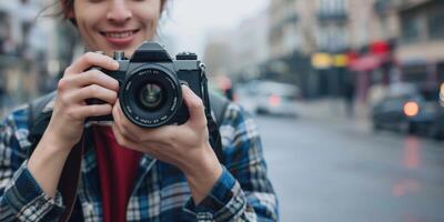 woman using camera in street . photo