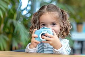 a little girl with a toy camera takes a picture. photo