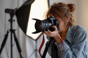 Happy Woman Holding Camera Taking Photo Indoors.