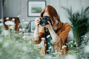 Happy Woman Holding Camera Taking Photo .