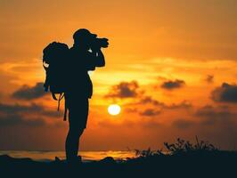 man hold camera on the cliff of the mountain on sunset background, photo