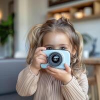 a little girl with a toy camera takes a picture. photo