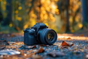 man hand holding camera looking through lens. photo