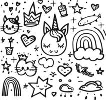Unicorn and Magic Doodles. Cute unicorn and pony collection with magic items. Hand drawn line style. vector