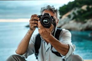 man hand holding camera looking through lens. photo
