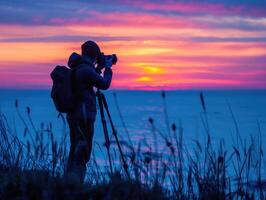 man hold camera on sunset background, photo