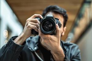 man hand holding camera looking through lens. photo