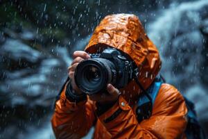 man hand holding camera looking through lens. photo