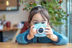a little girl with a toy camera takes a picture. photo