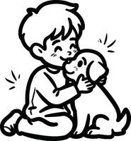 Cute boy playing and with cute dog, drawing coloring book pages vector