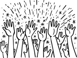 Hand drawn clapping human doodle set. Collection of pencil and chalk sketches of men and women raising hands making clapping noises isolated on transparent background vector