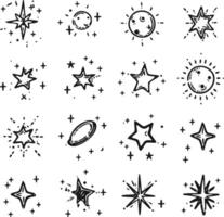 Set of star icons. Sun and moon sign or sky element. Cartoon flash or spark, starburst and radial firework geometric collection. Decorative light or twinkle glare. Magic explosion effect vector