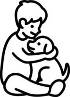 Isolated of a kid hugging a dog, black outline cartoon. vector