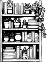 Modern bookshelf in home library with books and decorative green plants vector