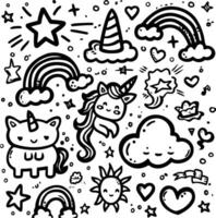 Unicorn and magic doodles. Collection of cute unicorns and ponies with magical items. vector
