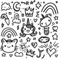a set of doodles with a cat, unicorn, and other items vector