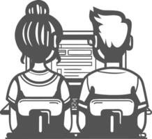 Loving couple sits at a computer and rejoice. Sitting at home and watching the good news concept. Black contour drawing isolated on white. Doodle, flat, simple style. vector
