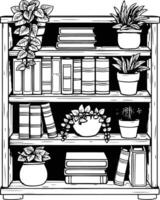 A bookshelf filled with books, decorated with small, charming green potted plants. vector