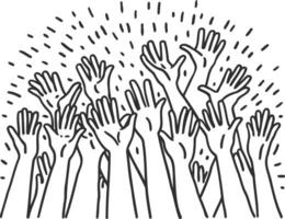 hand drawing with hands up, pointing hands, thumbs up gesture on doodle style vector